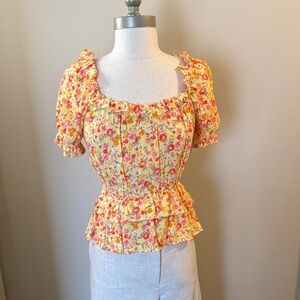Kingston Grey Yellow Floral Ruffle Peplum Blouse